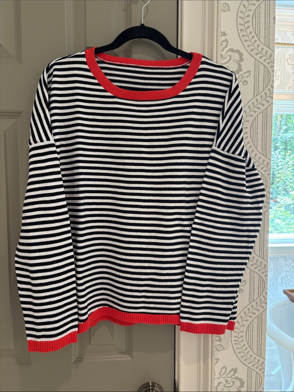 Amazon Black & White Striped Crew Sweater with Orange Trim